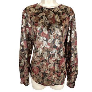 Womens Dina Ariel Sz M Multicolor Paisley Floral Long Sleeve Semi-Sheer Blouse